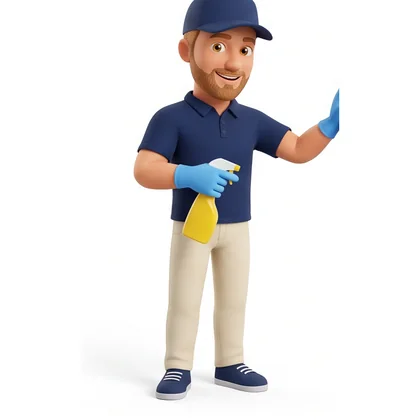 Sam cleaning with gloves and spray